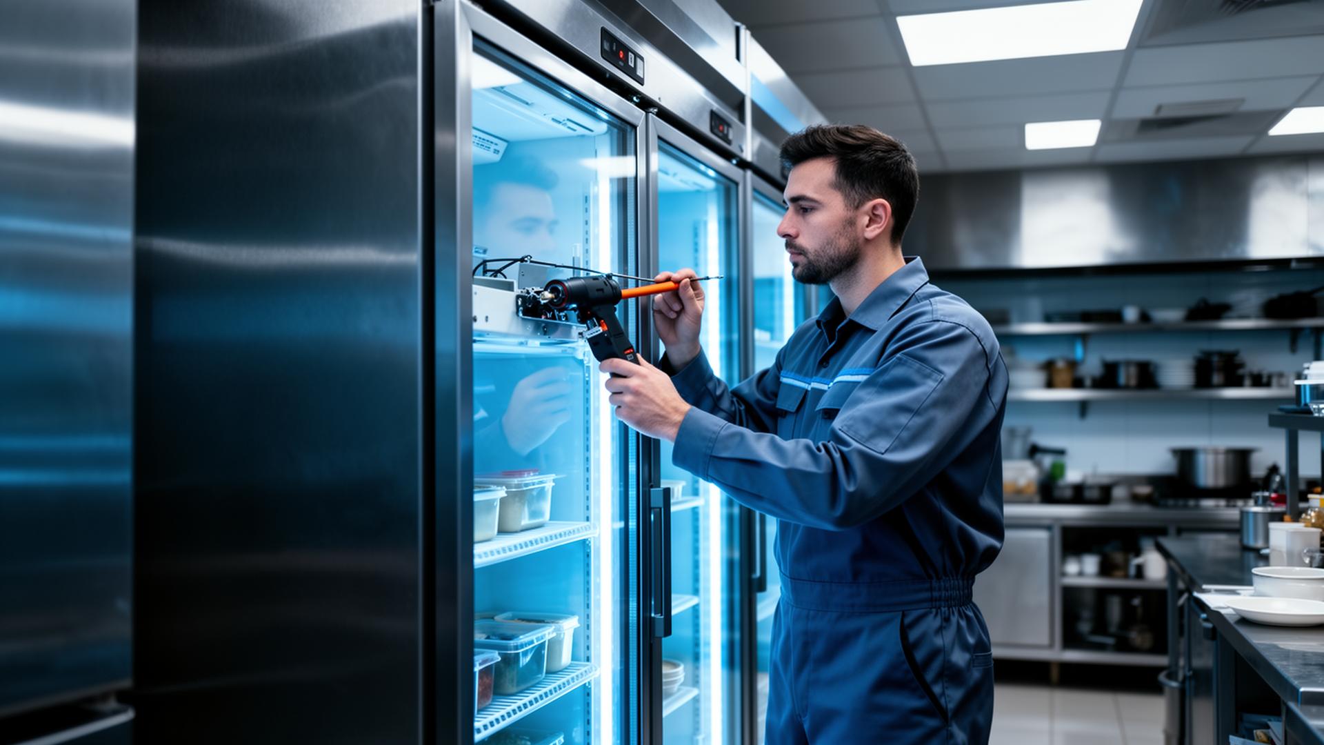 Técnico em refrigeração realizando manutenção em geladeira comercial